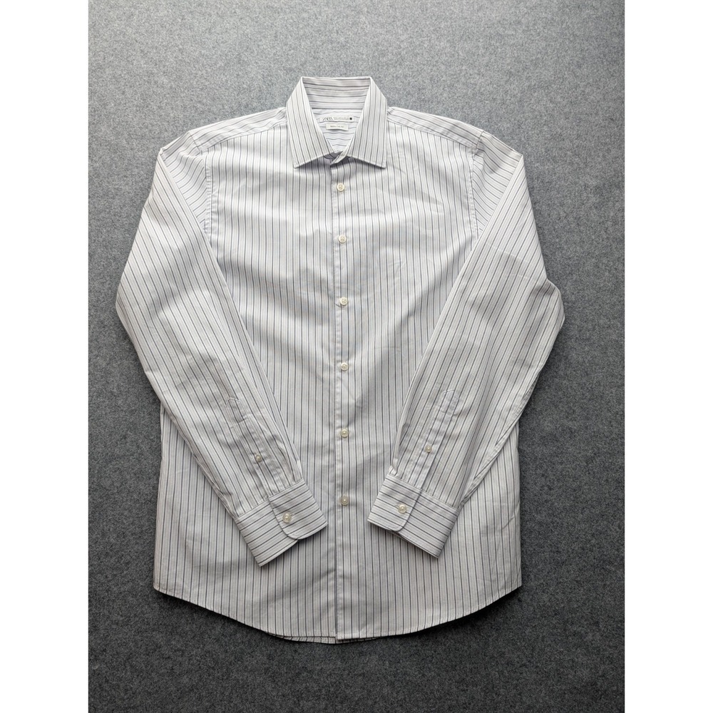 Zara Men's Shirt Medium White  Blue Striped Button-up Long Sleeve Regular Fit